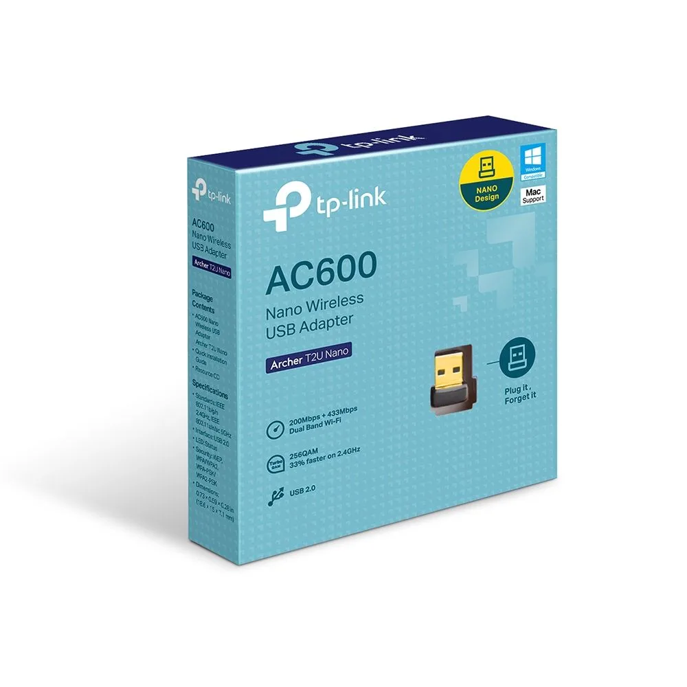 ADAPTADOR DE RED USB TP-LINK ARCHER T2U NANO INALAMBRICO DUAL BAND 433MBPS