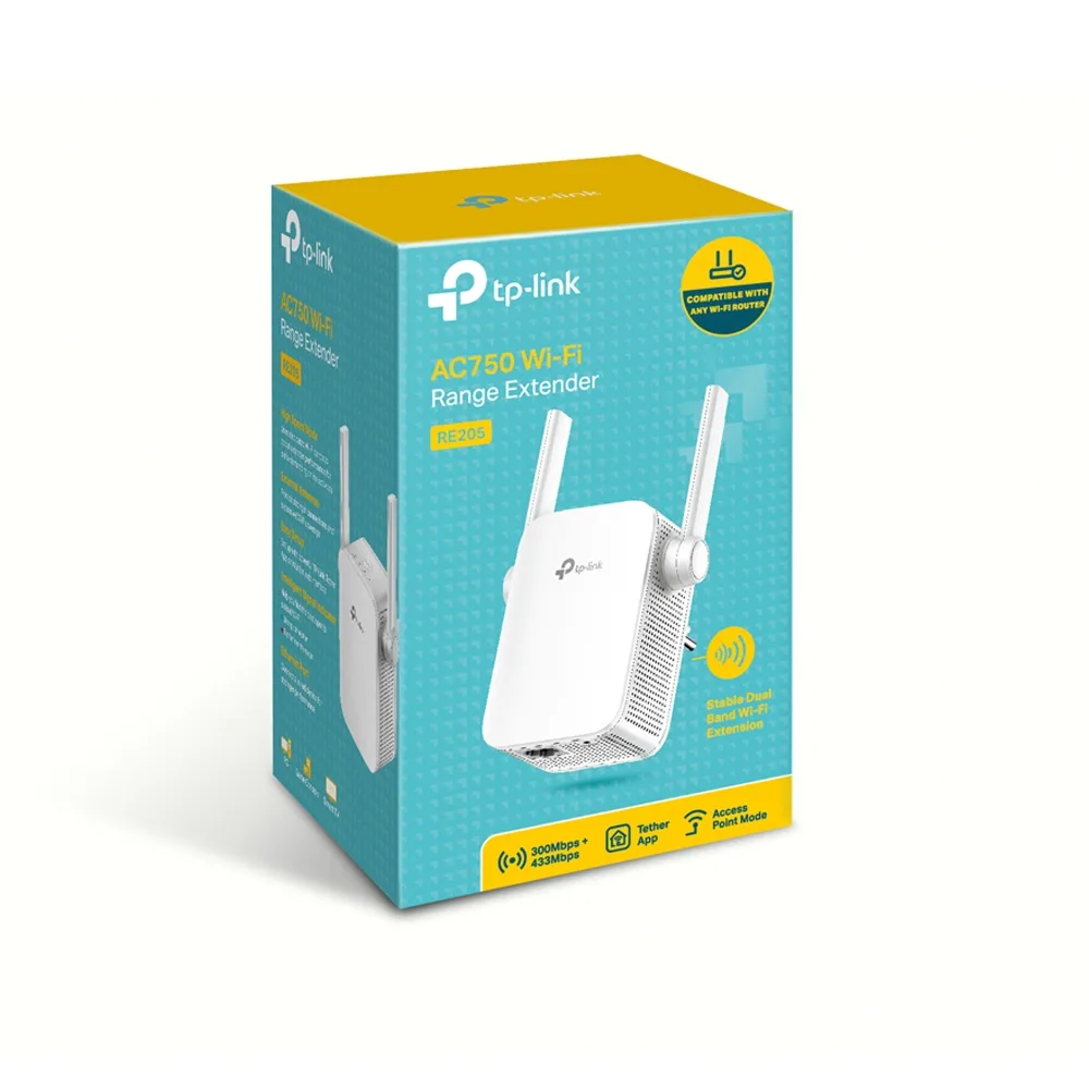 EXTENSOR DE RANGO TP-LINK RE205 AC750 DUAL BAND, 2 ANT. EXTERNAS., MODO AP, WPS 3